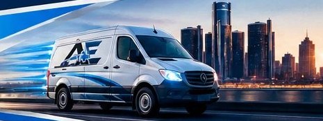 An AE Logistics delivery van driving past the Detroit skyline